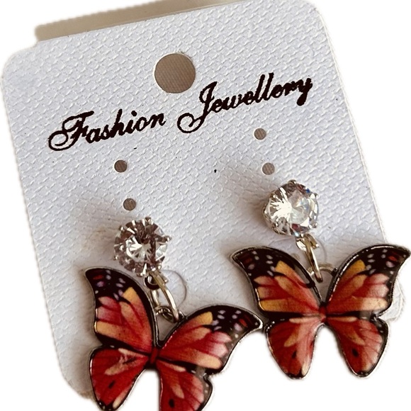 Cute Red Resin Butterfly Rhinestone Enamel Fashion Dangle Earrings set. - Picture 1 of 3
